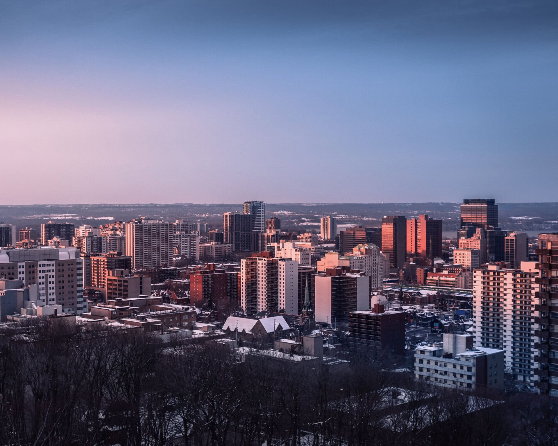 Arial view of downtown Hamilton in winter