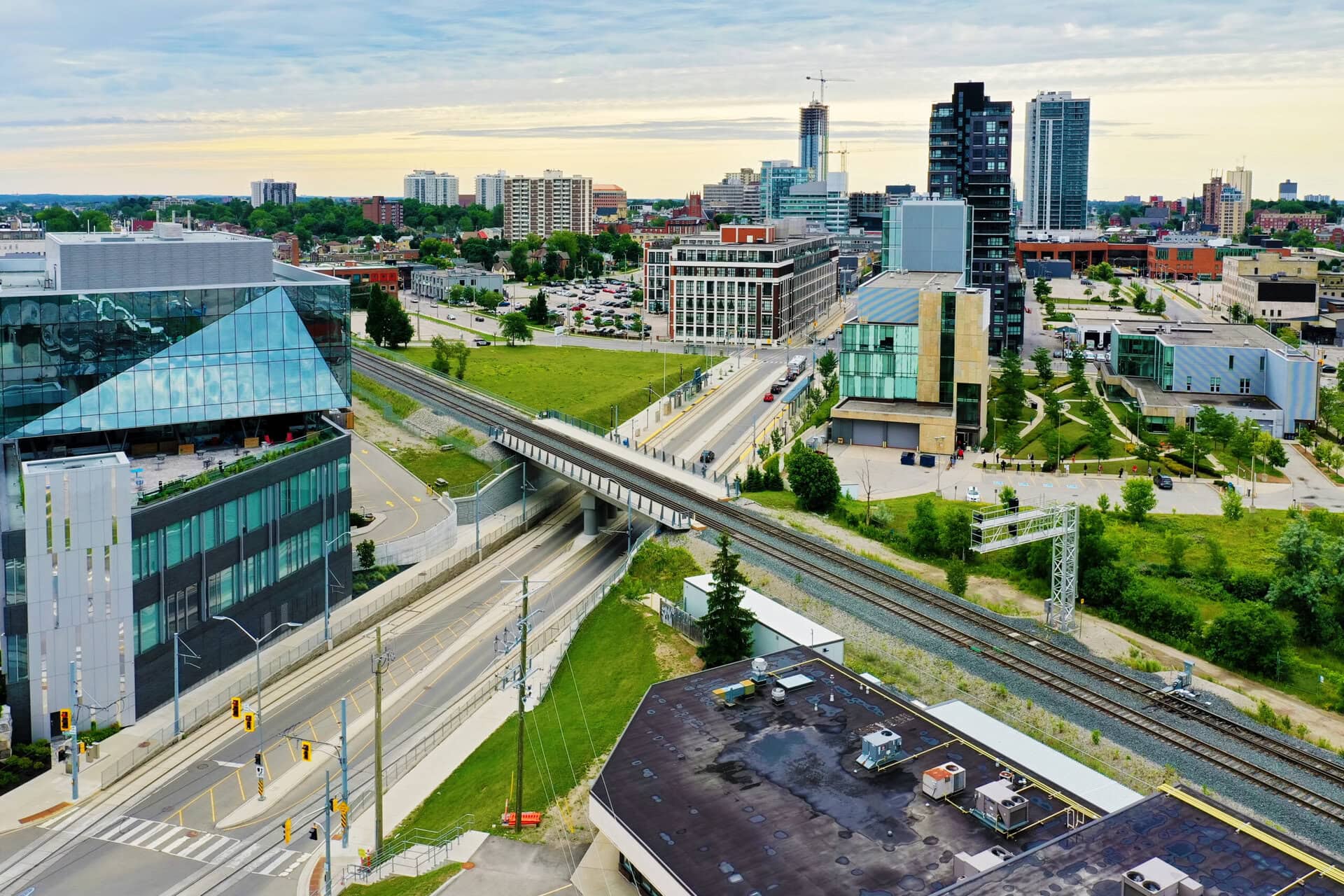 An aerial scene of Kitchener, Ontario, Canada in summer