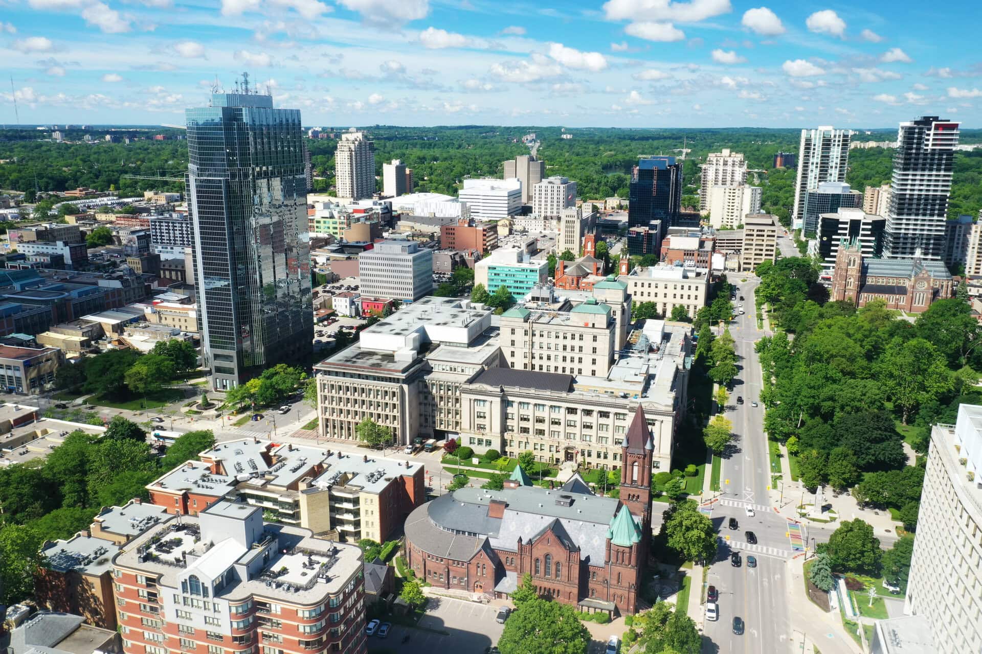 An aerial scene of London, Ontario, Canada in late spring