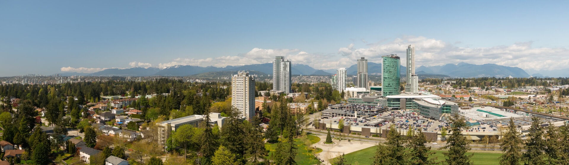 Panoramic view of Surrey Central Mall during a sunny day. Taken in Greater Vancouver, British Columbia, Canada.