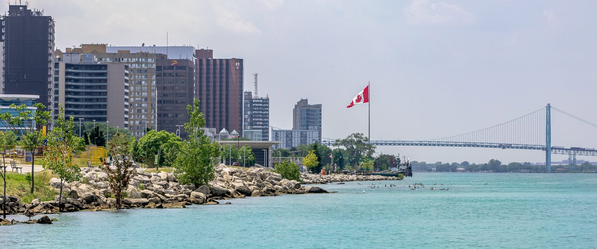 Windsor bridge, lake, and partial skyline on a sunny day